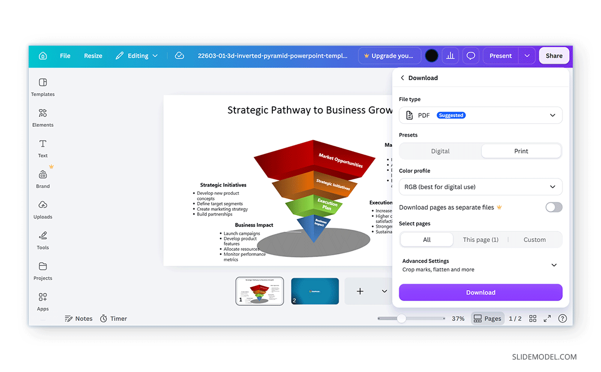 Print PDF settings for export in Canva