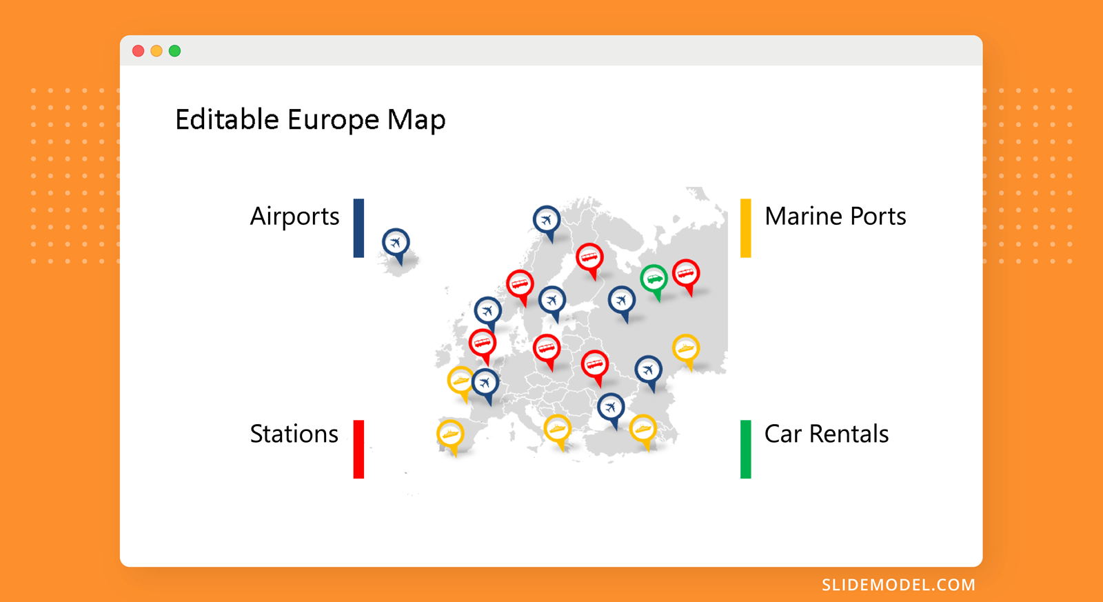 Editable Europe Map template design for presentations with map markers