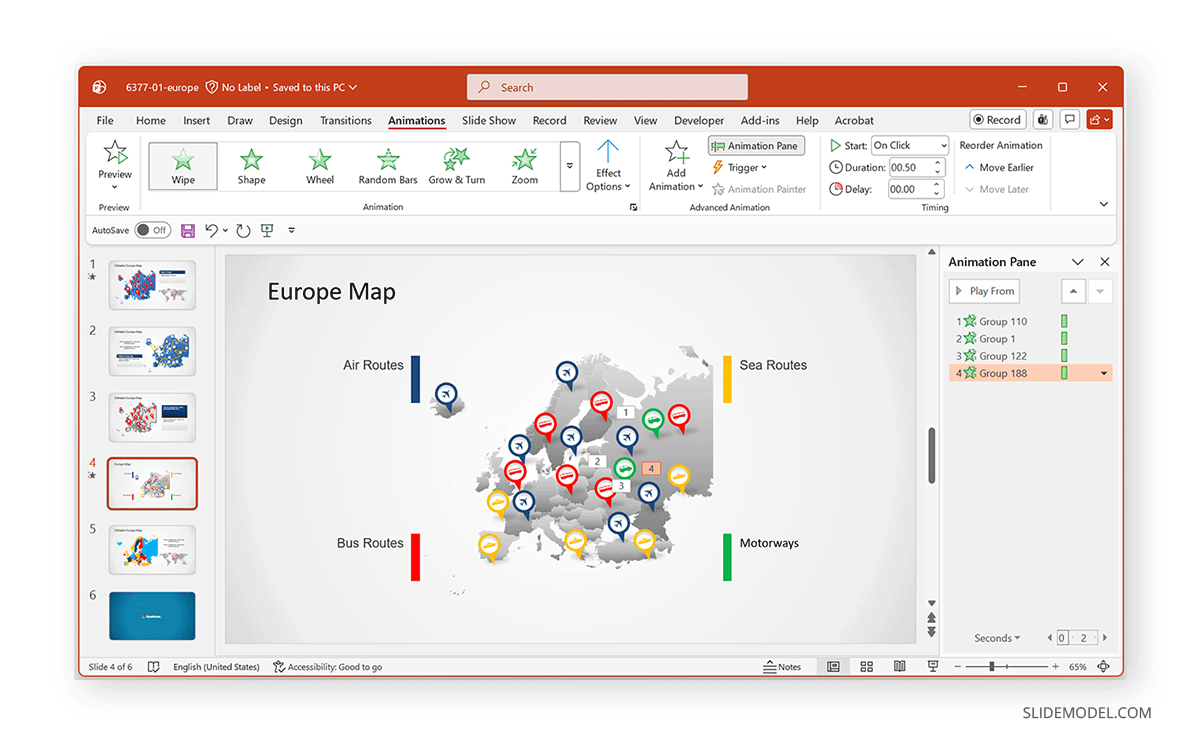 Using animation pane for animated PowerPoint maps