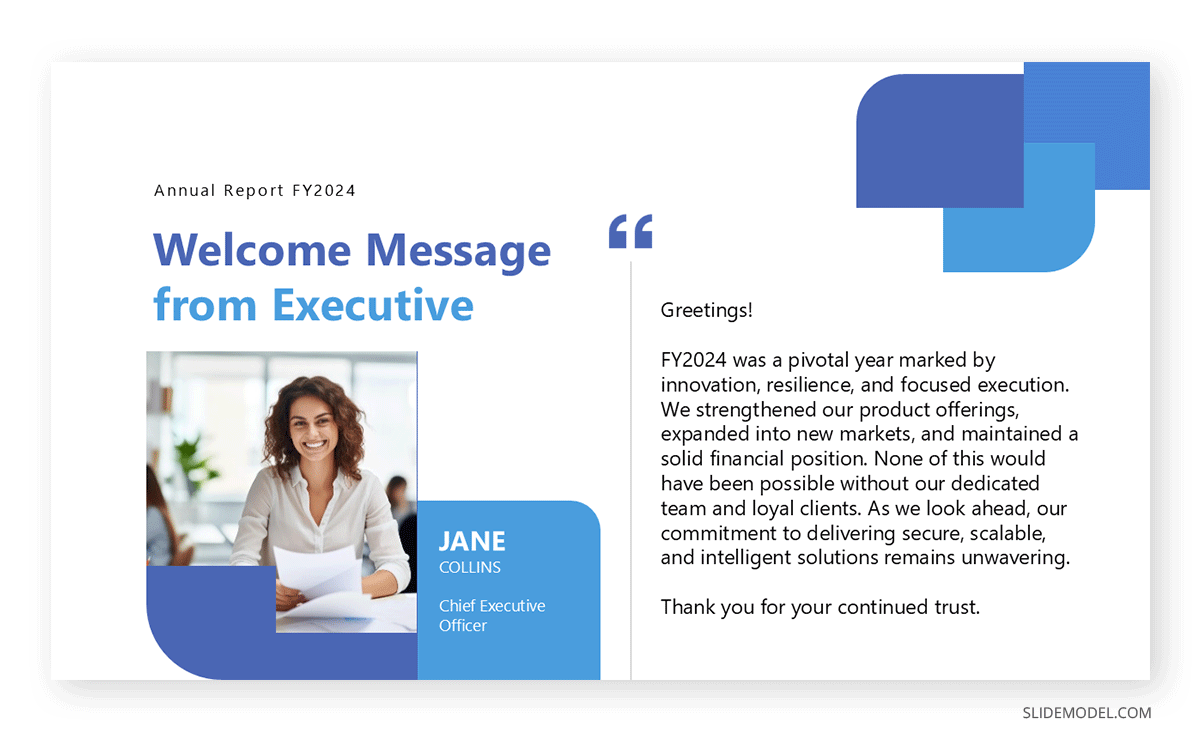 Executive message in an annual report presentation