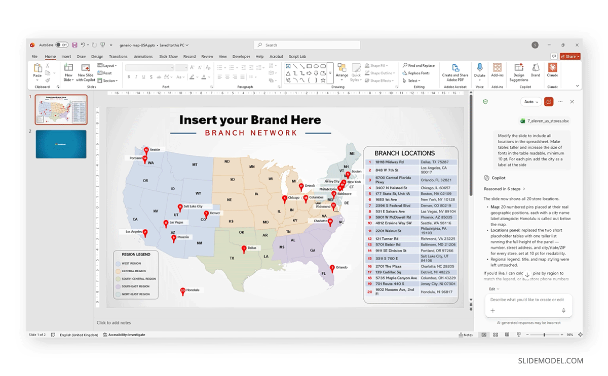 Generated Copilot PowerPoint map slide with errors