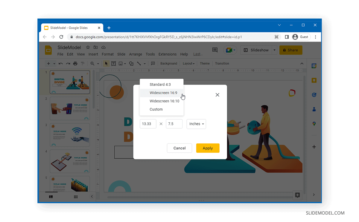 Selecting pre-set page sizes in Google Slides - How to change size of Google Slides presentation