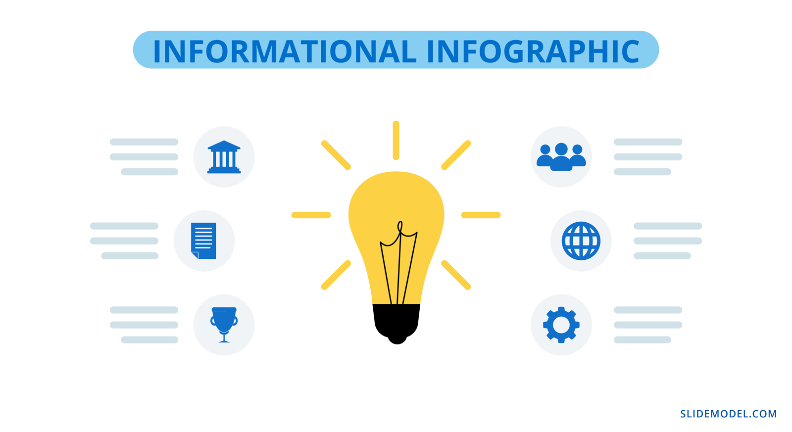 Example of Lightbulb infographic design template for PowerPoint to show 6 concepts with visual metaphors.