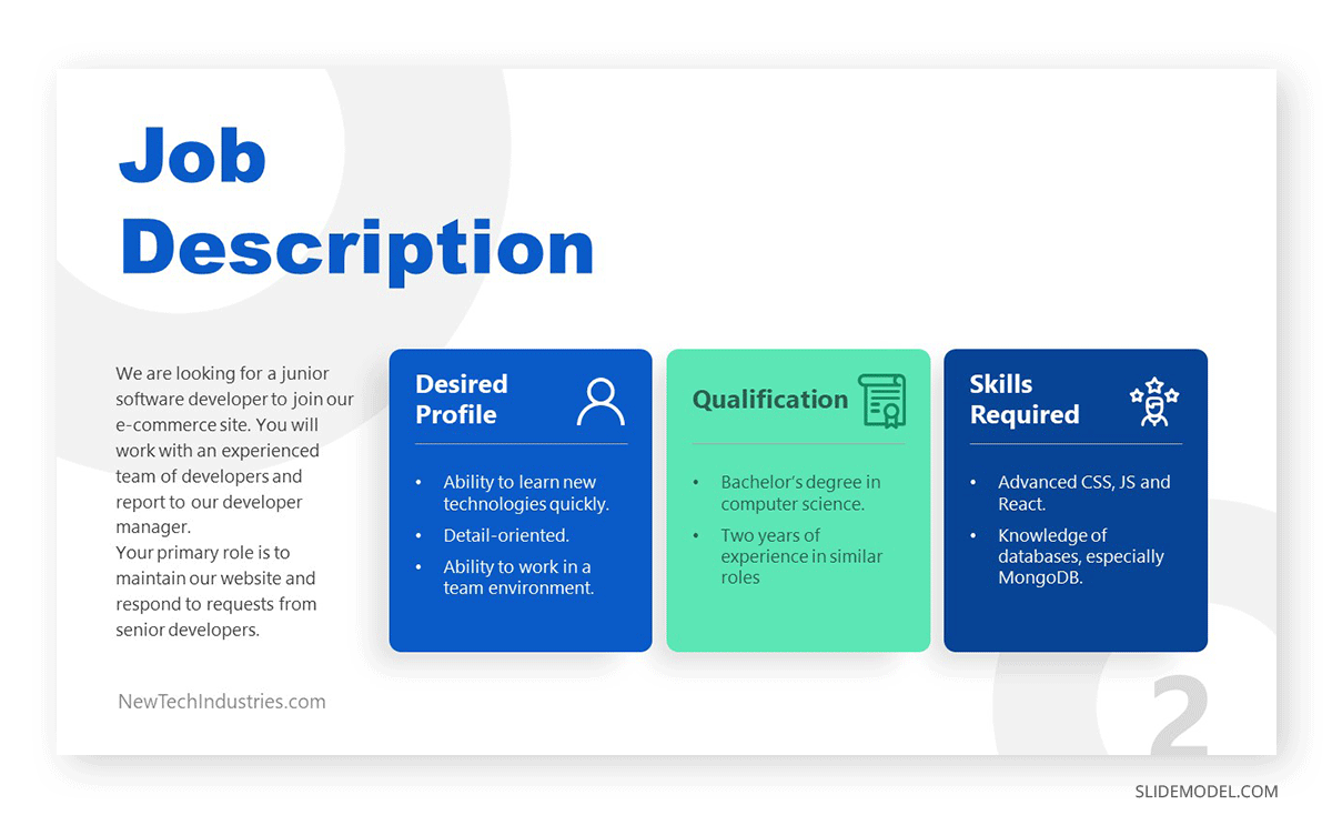 Example of a job description for a Junior Software Developer role using a PowerPoint template