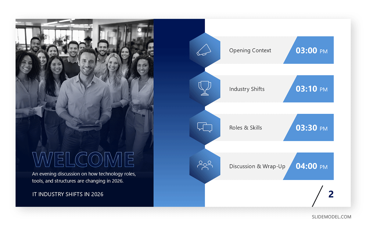 Example of an agenda slide in meetup presentation