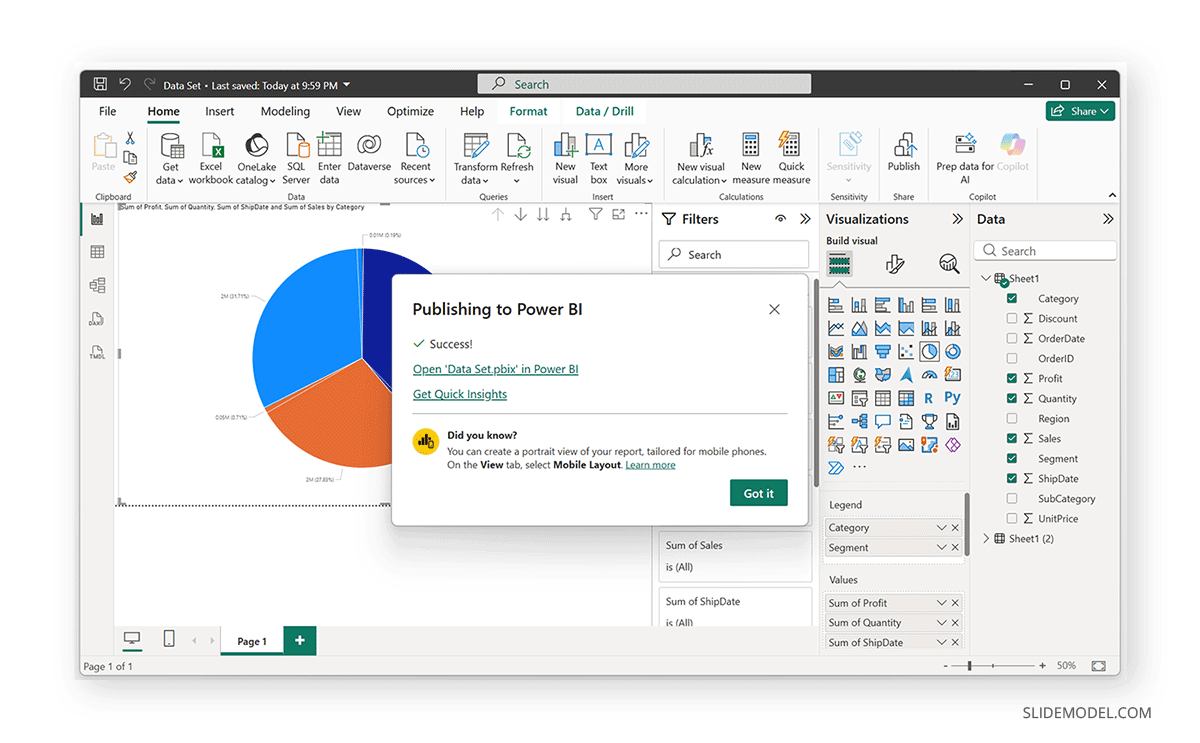Publishing completed dialog window for Power BI Desktop report