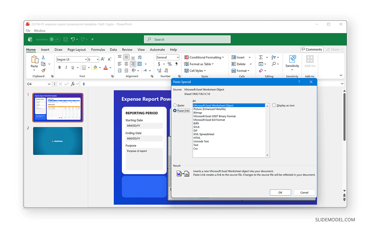 PowerPoint how to paste link for Excel data