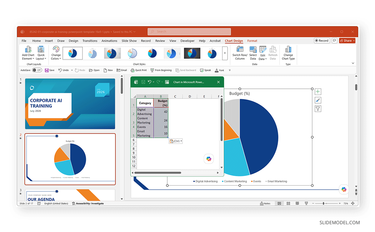How to populate a pie chart in PowerPoint