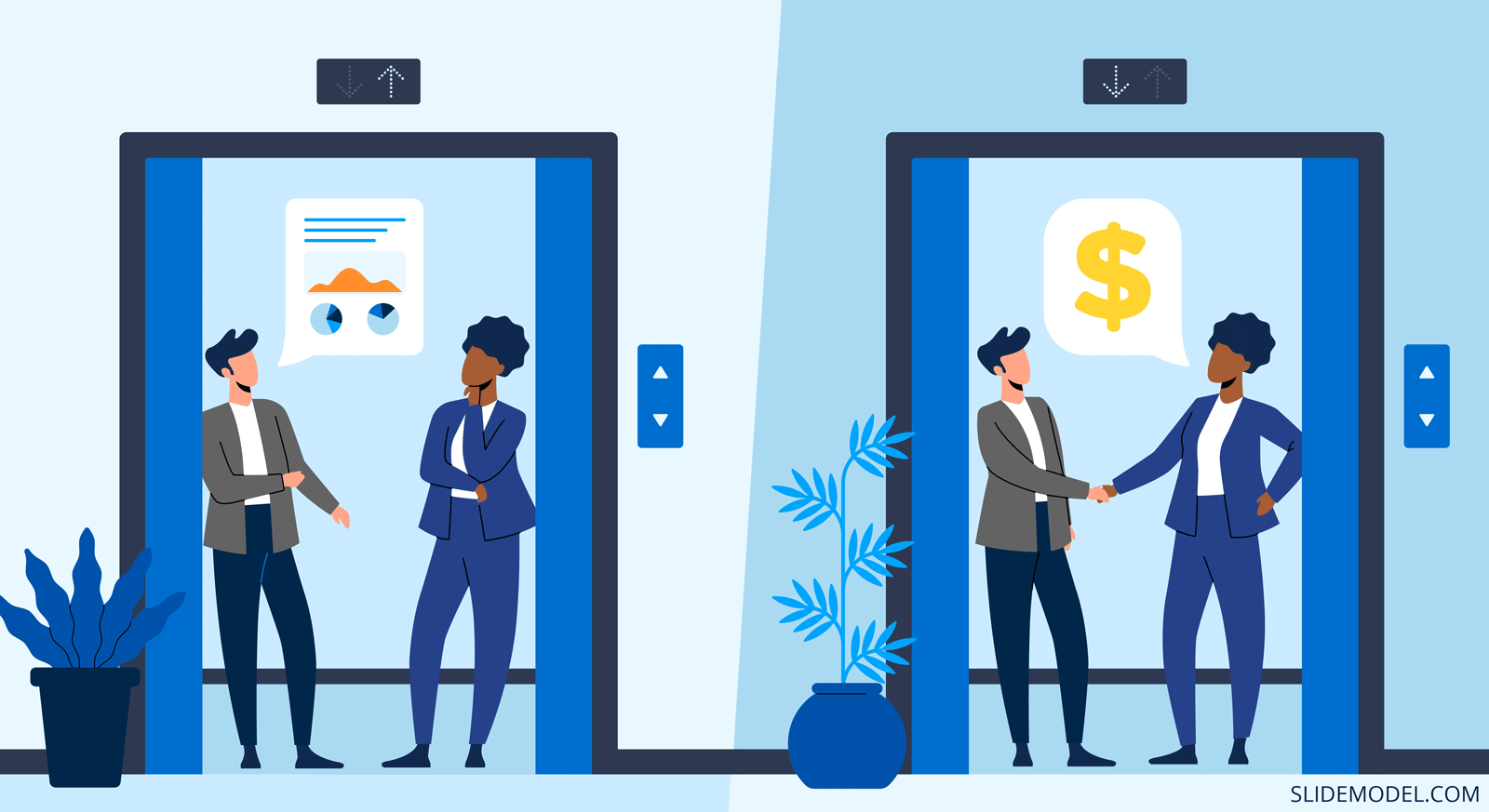 Elevator Pitch Illustration with businessmen scenes