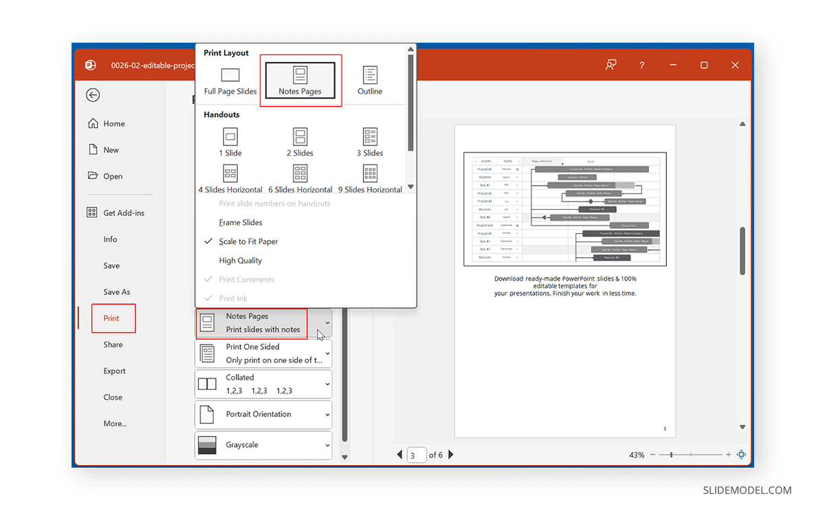 Print Layout options in PowerPoint to access Note Pages