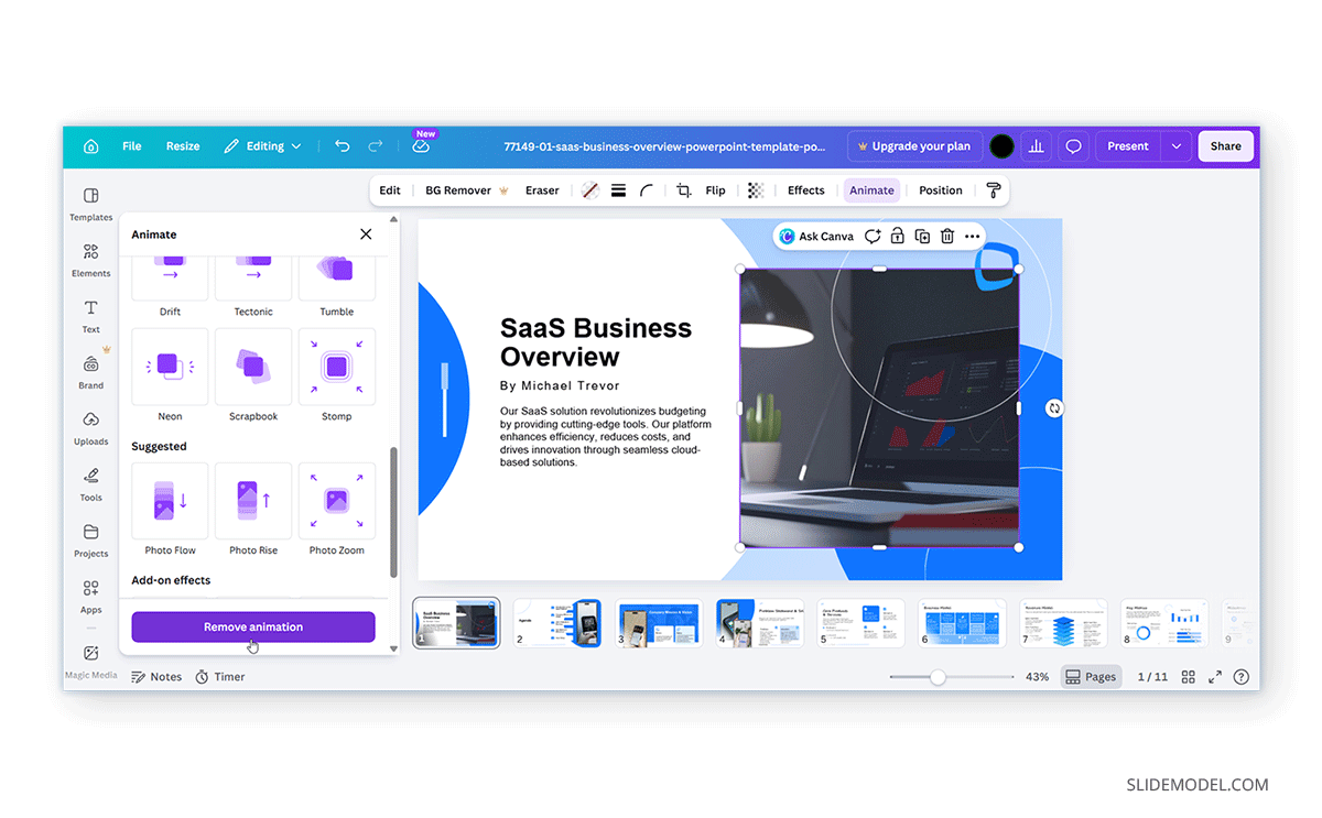 How to remove animation from an object in Canva