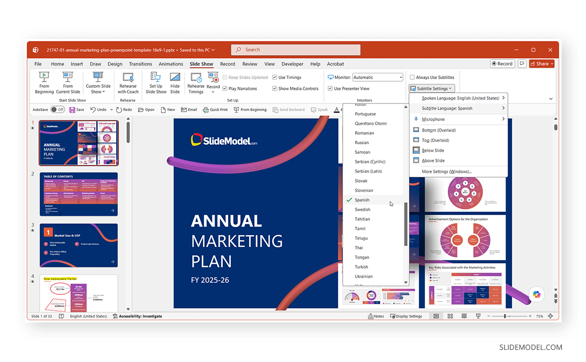 Choosing live caption language in PowerPoint