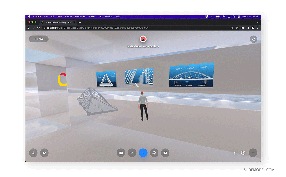 an user contemplating the design of a tensile structure bridge at a Spatial metaverse presentation