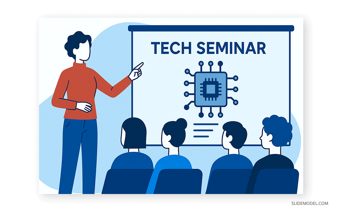 A presenter delivering a tech seminar to a mid-sized audience