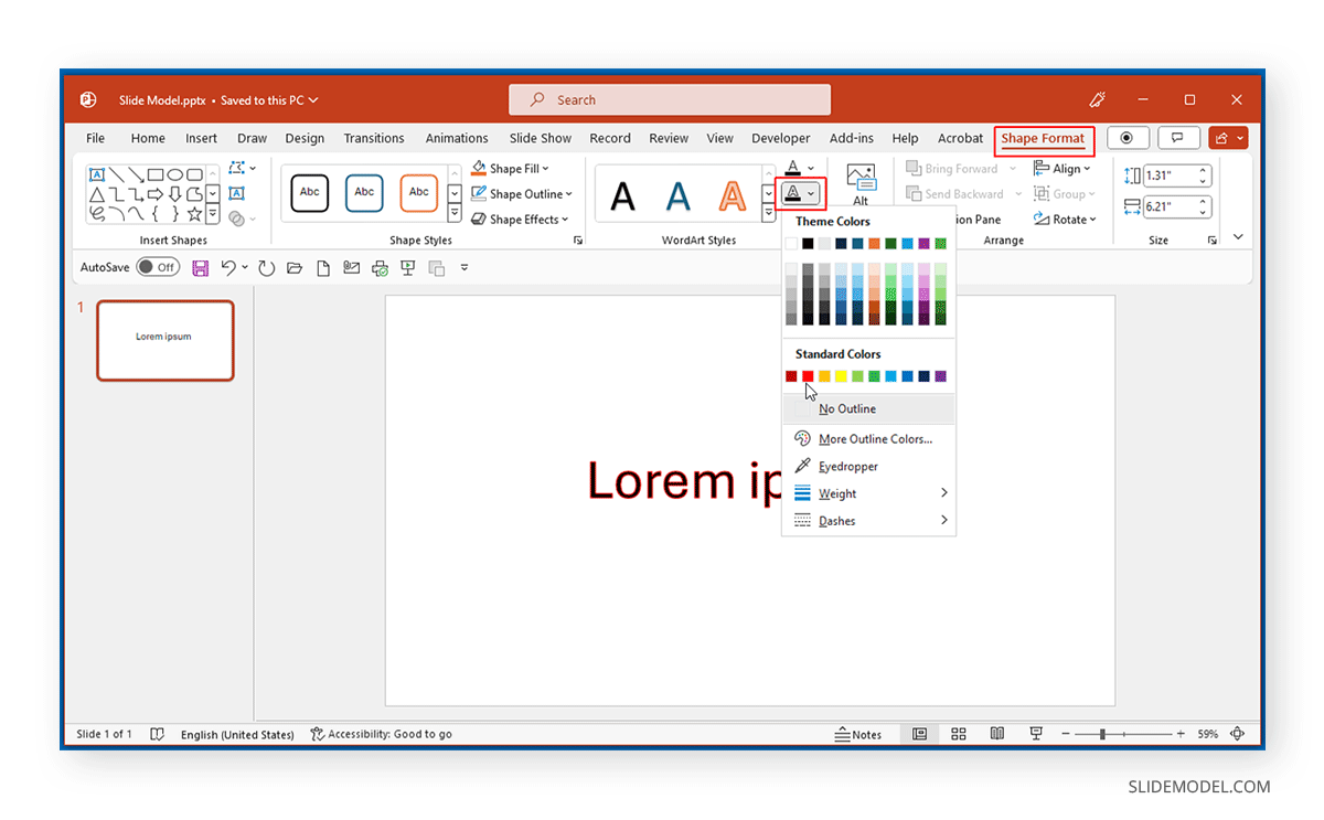Selecting color for text outline in PowerPoint