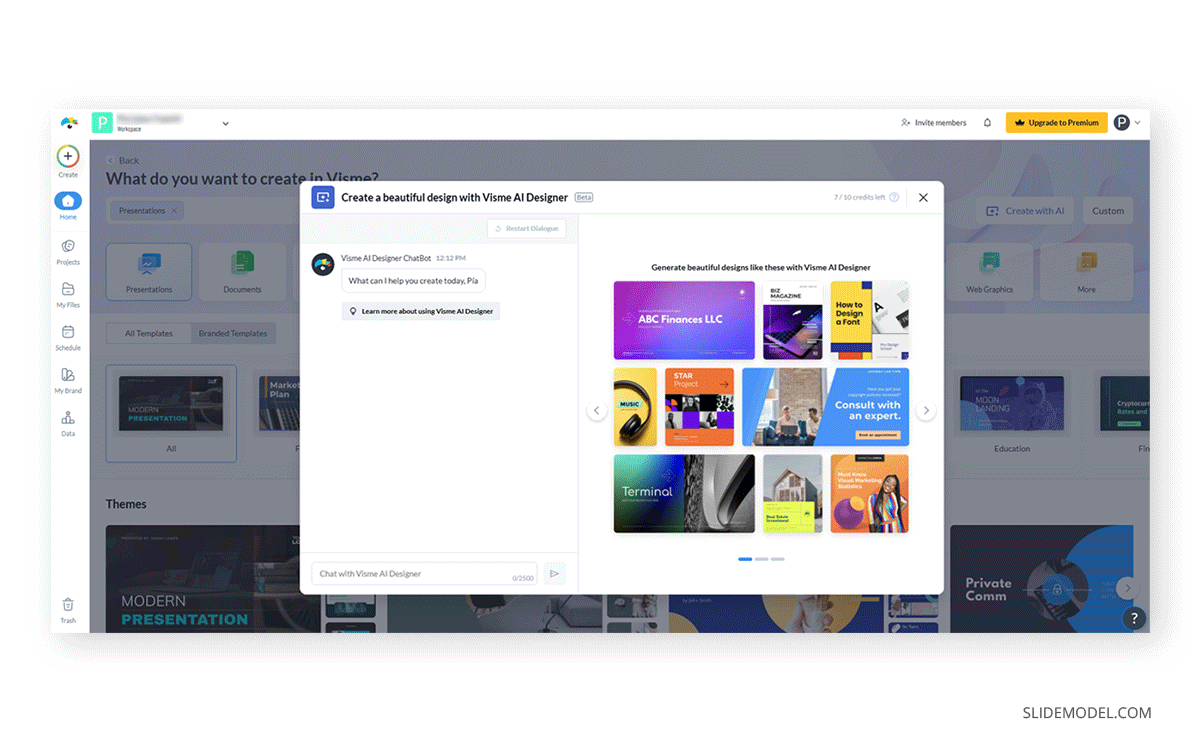 Chat experience with Visme AI Designer