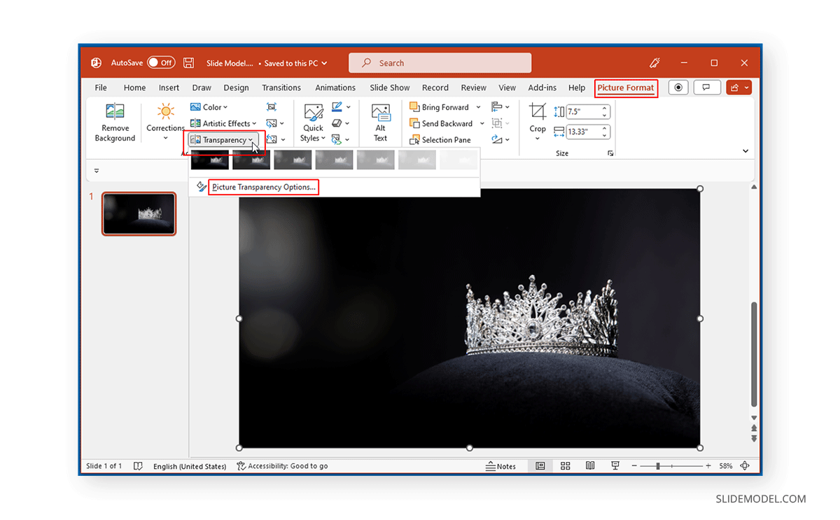 Locating Picture Transparency Options in PowerPoint