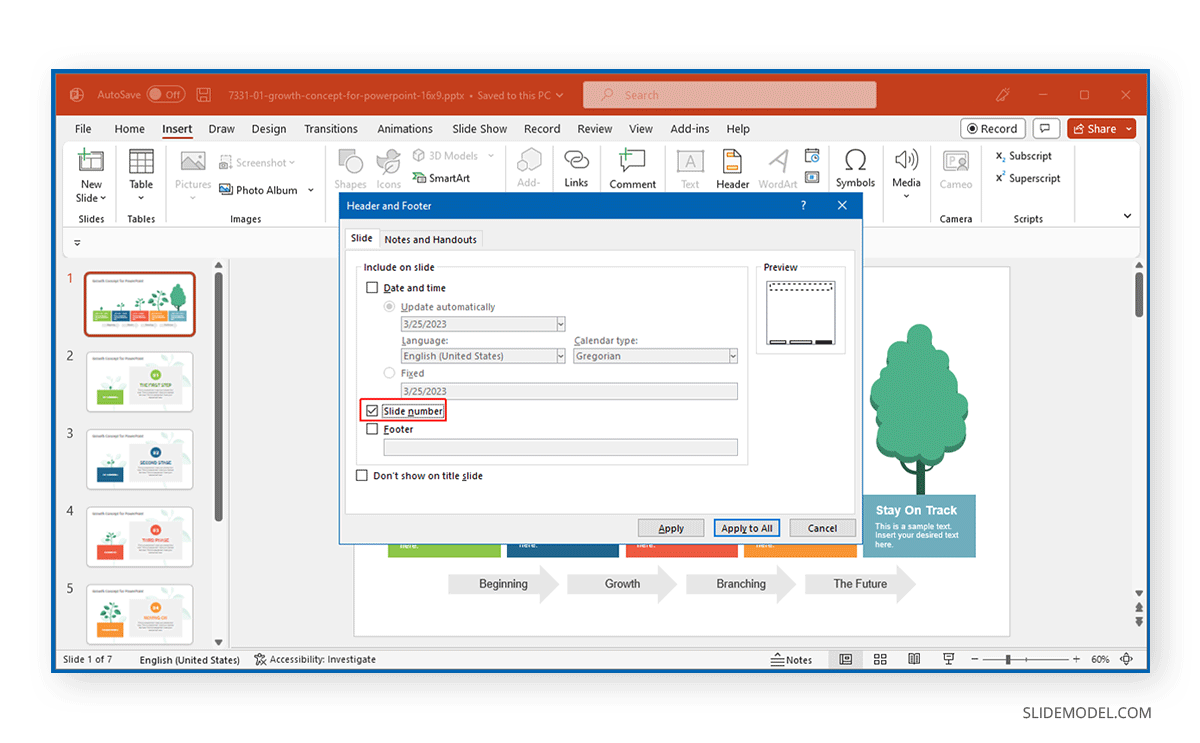 Adding a slide number from Header & Footer menu in PowerPoint