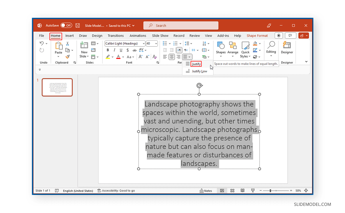 Align text to Justify in PowerPoint
