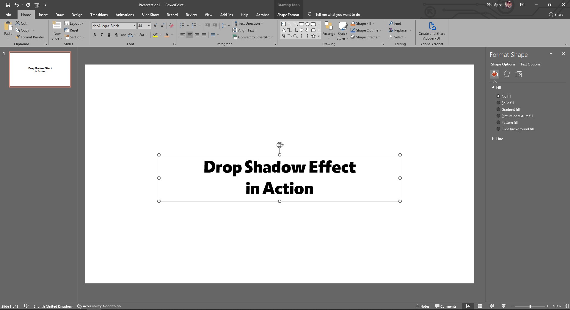 start point to apply text shadow in PowerPoint