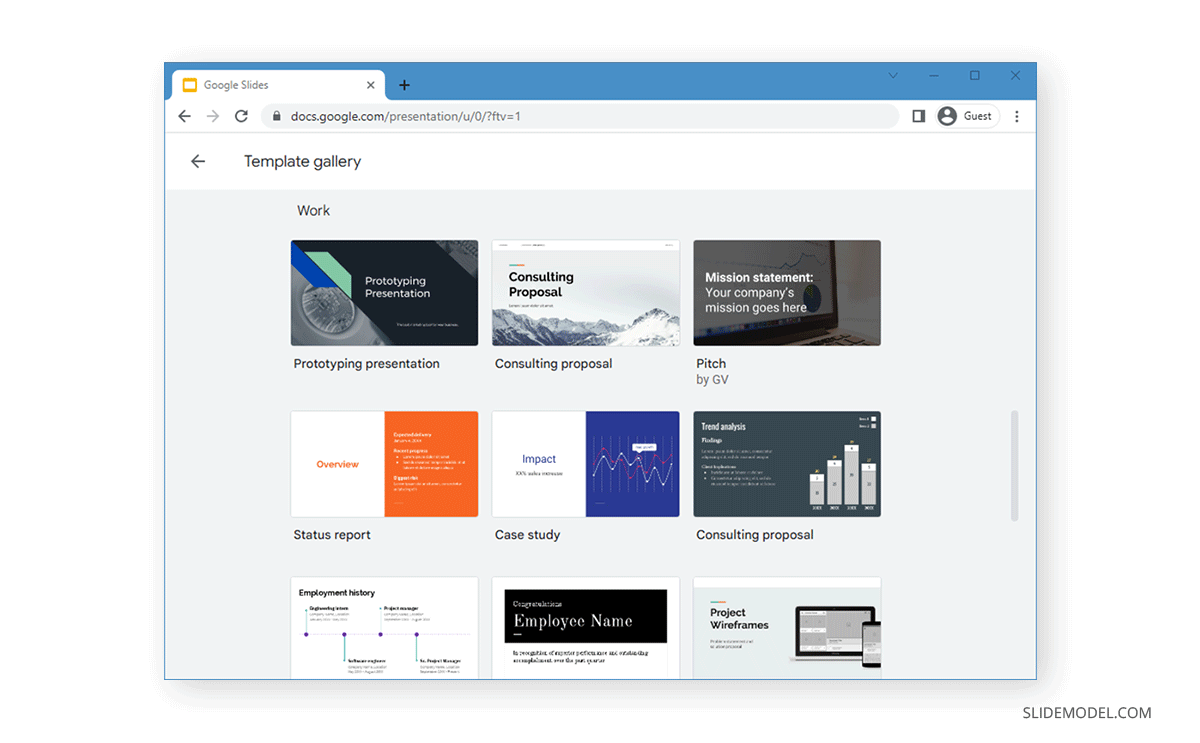 Browsing and picking a slide deck design in Google Slides' template gallery