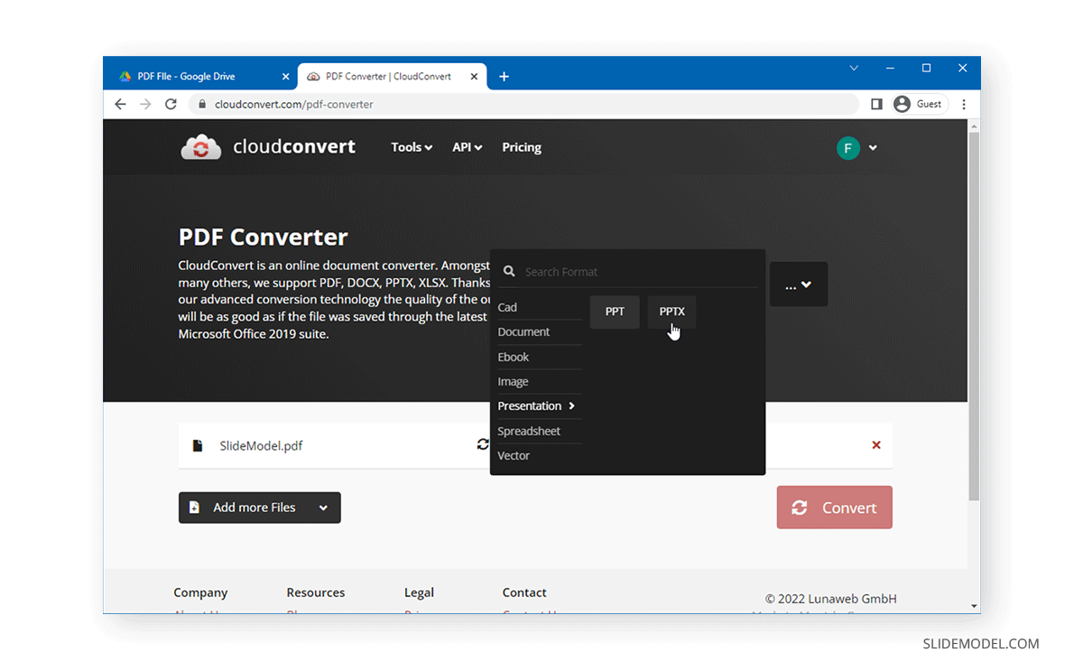 Convert PDF to PPT or PPTX in CloudConvert