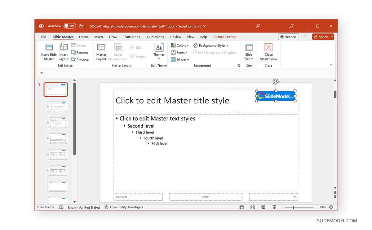 Editing Slide Master in PowerPoint - Example showing how to add a logo to a presentation via Slide Master in PowerPoint