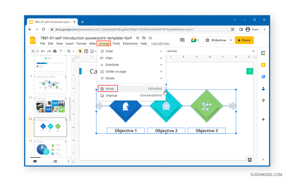 Locating Arrange->Group in Google Slides