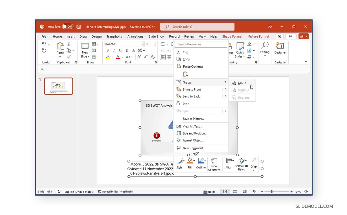 Grouping image and citation in PowerPoint