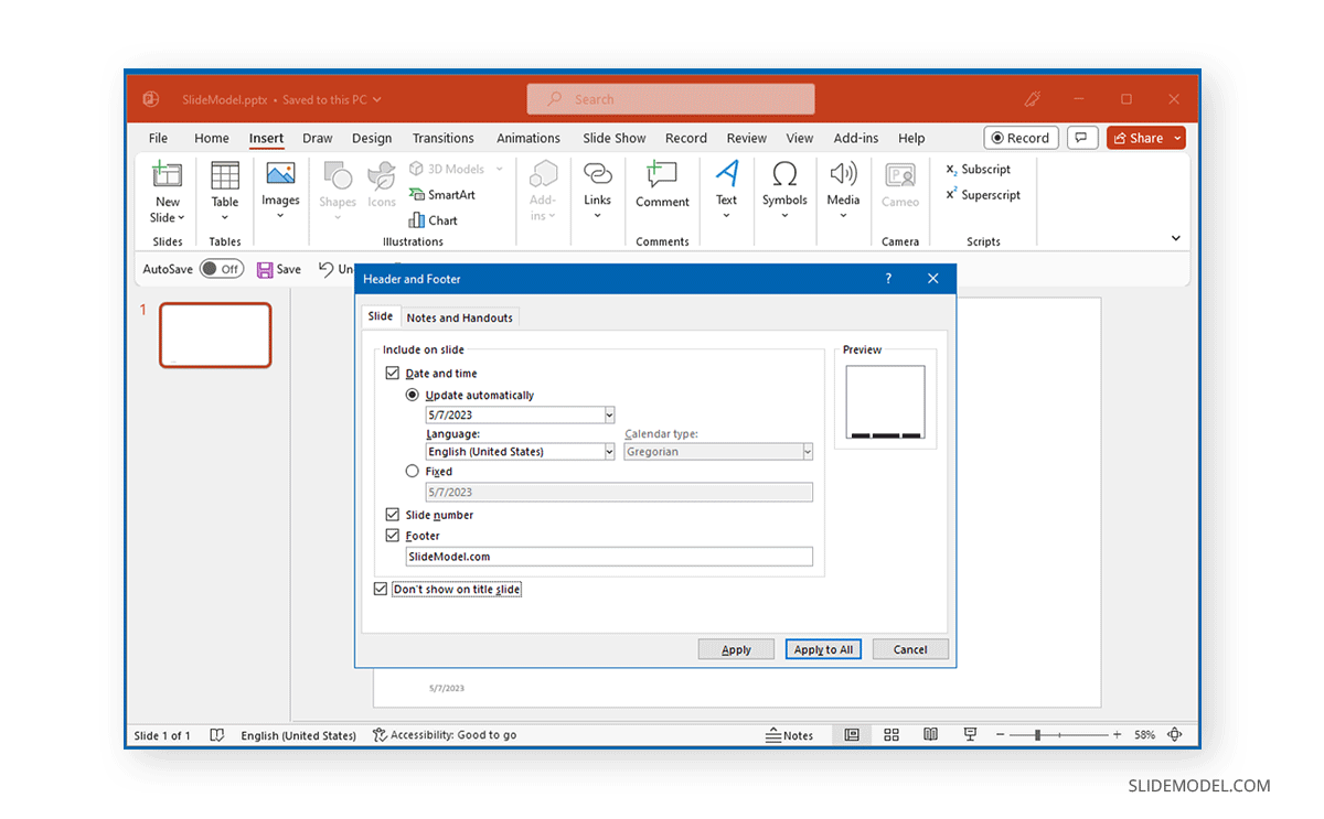 Header and Footer options in PowerPoint