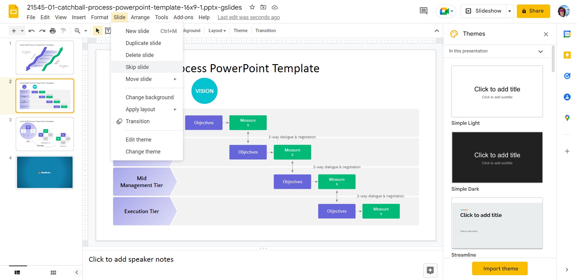 Accessing Skip Slide in Google Slides via Slide Menu