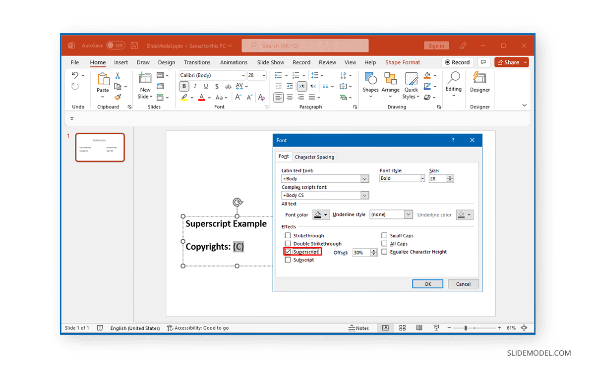 Using superscript in PowerPoint