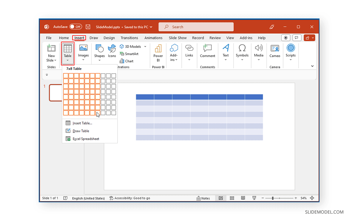 Inserting a table in PowerPoint using drag and drop