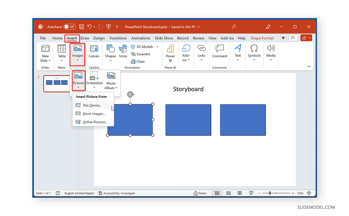 Insert image in PowerPoint to create a storyboard