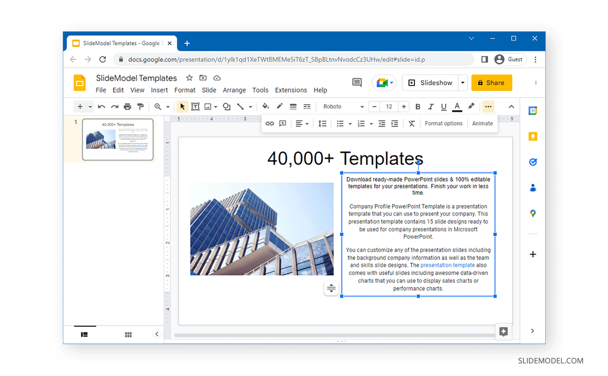 Insert text into text box in Google Slides