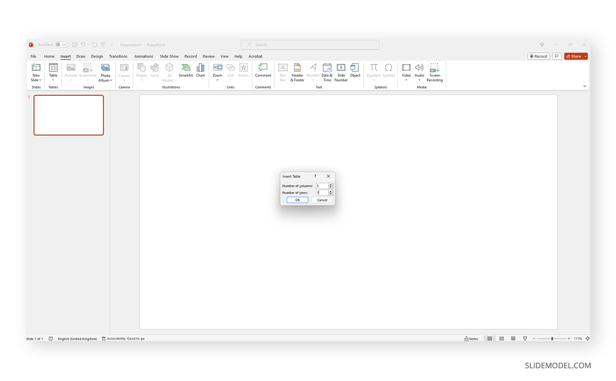 Manually creating a table in PowerPoint by selecting columns and rows