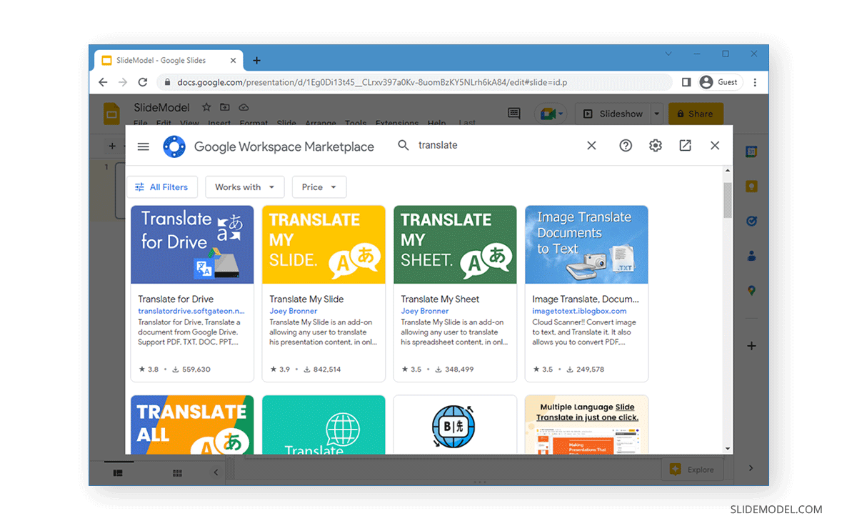 Finding translate addons for Google Slides in Google Workspace Marketplace