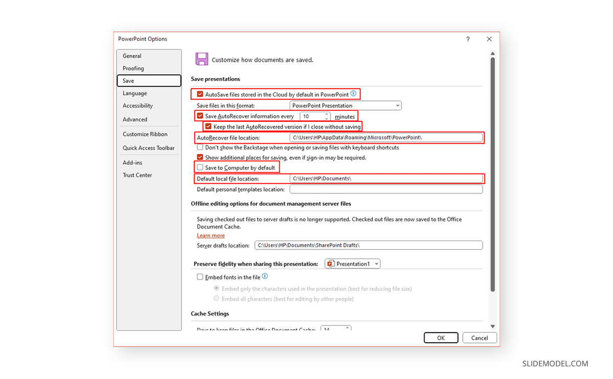 PowerPoint recovery options - Customize how PowerPoint documents are saved dialog box