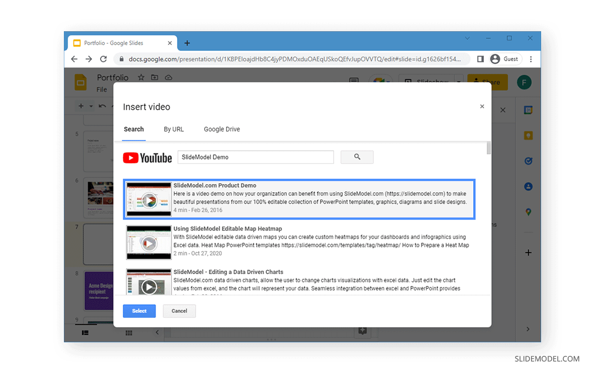 search & add video from YouTube to Google Slides
