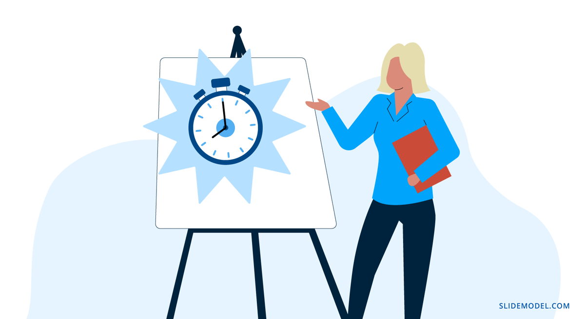Time constraints in presentations - Example of an illustration with a woman presenting a presentation and depicting time constraints.
