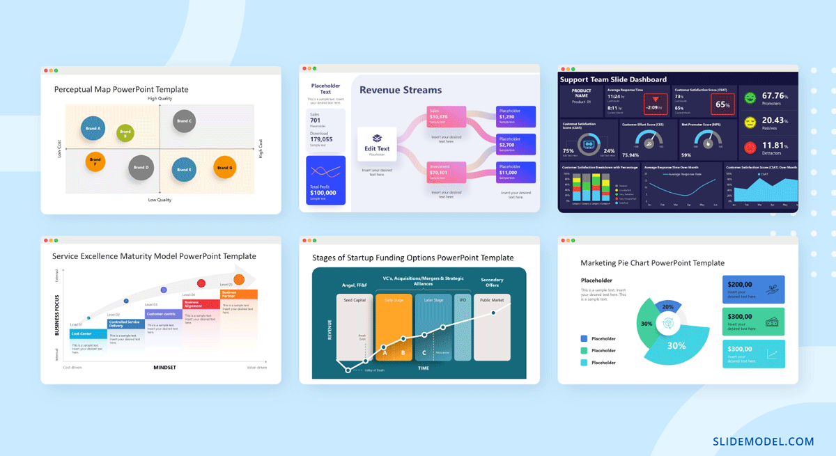 A selection of charts presentation templates and visual representation examples