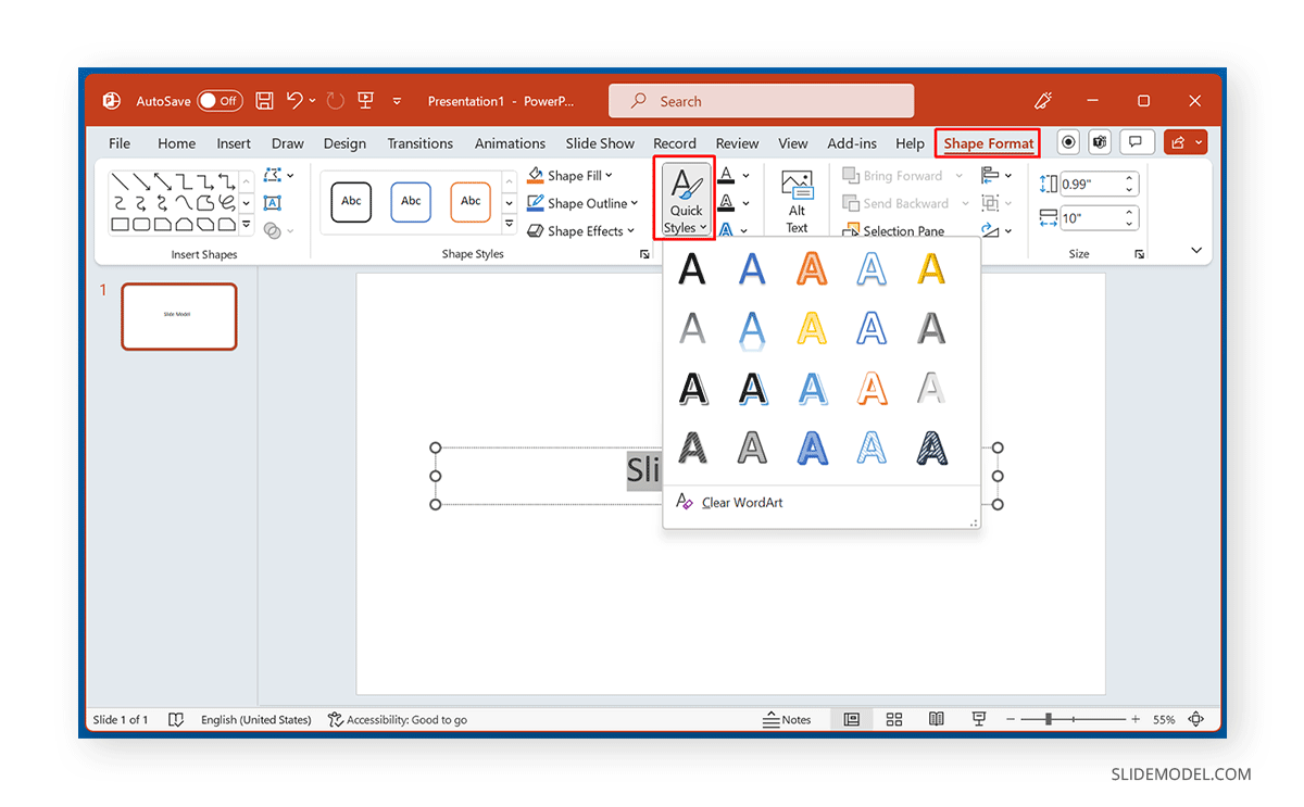 WordArt via Quick Styles in PowerPoint