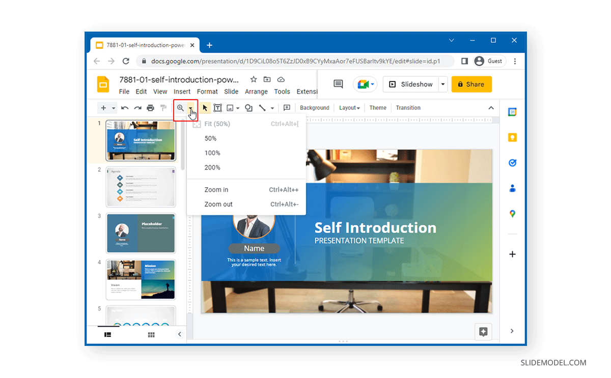 Accessing zoom options in Google Slides via Zoom bar