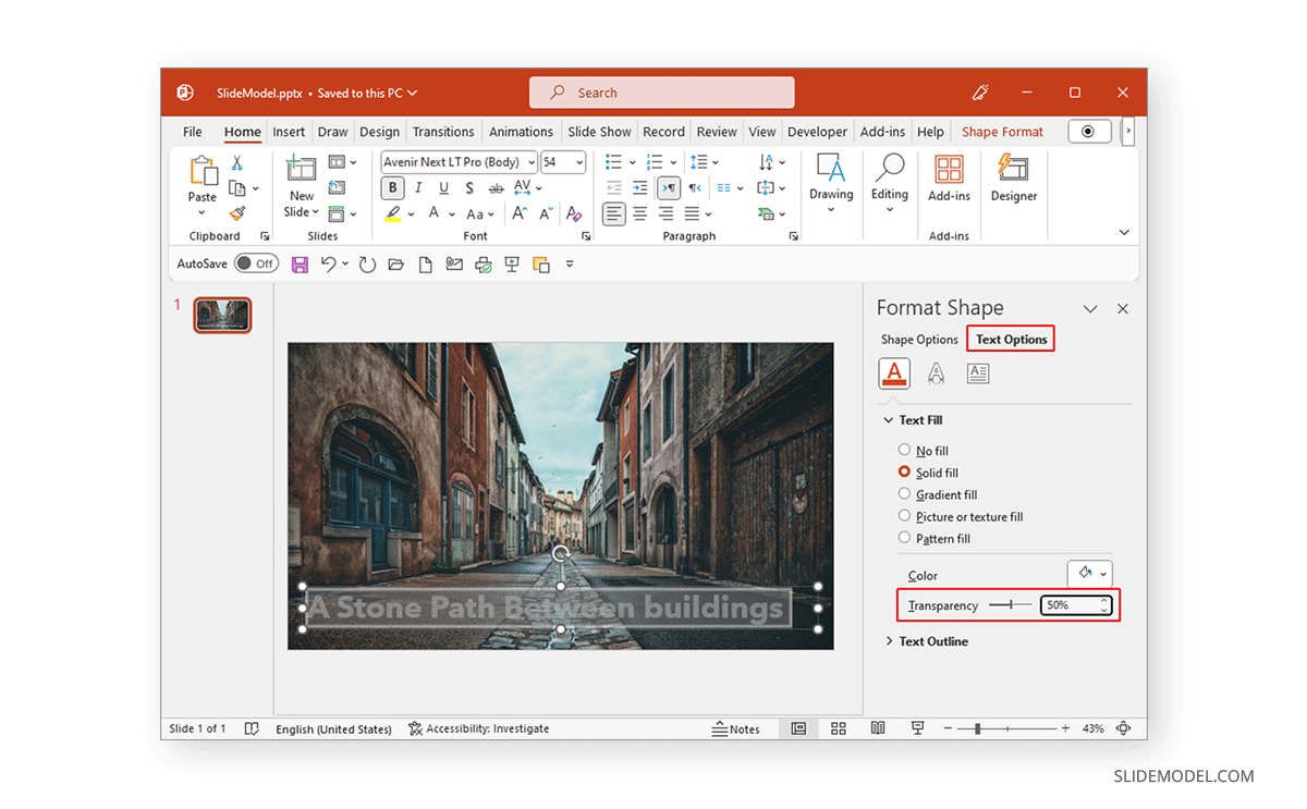 Adjusting transparency in PowerPoint for texts
