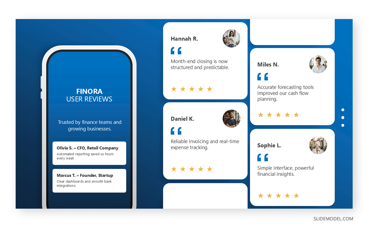 Testimonial slide with social proof on cloud accounting software presentation