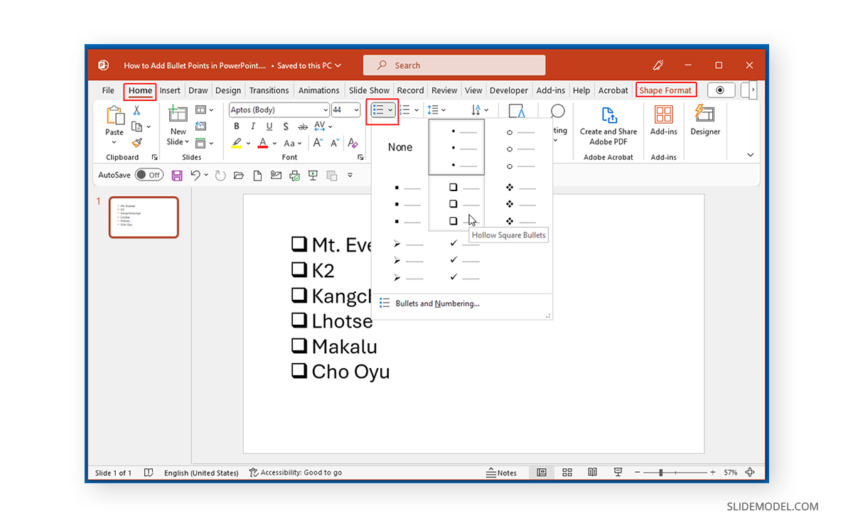 Changing bullet style in PowerPoint