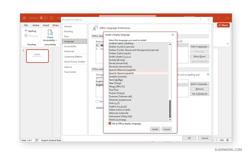 03 change language in powerpoint by selecting a new language SlideModel