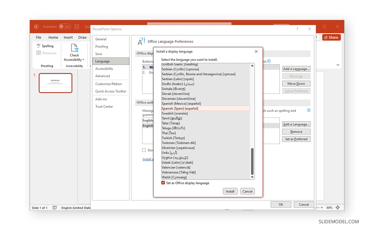 powerpoint change the language for entire presentation