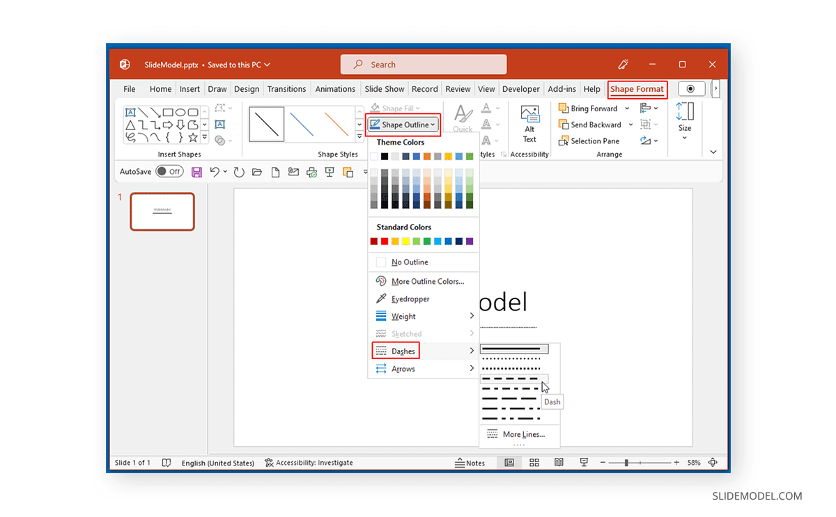Changing line style to dashes in PowerPoint