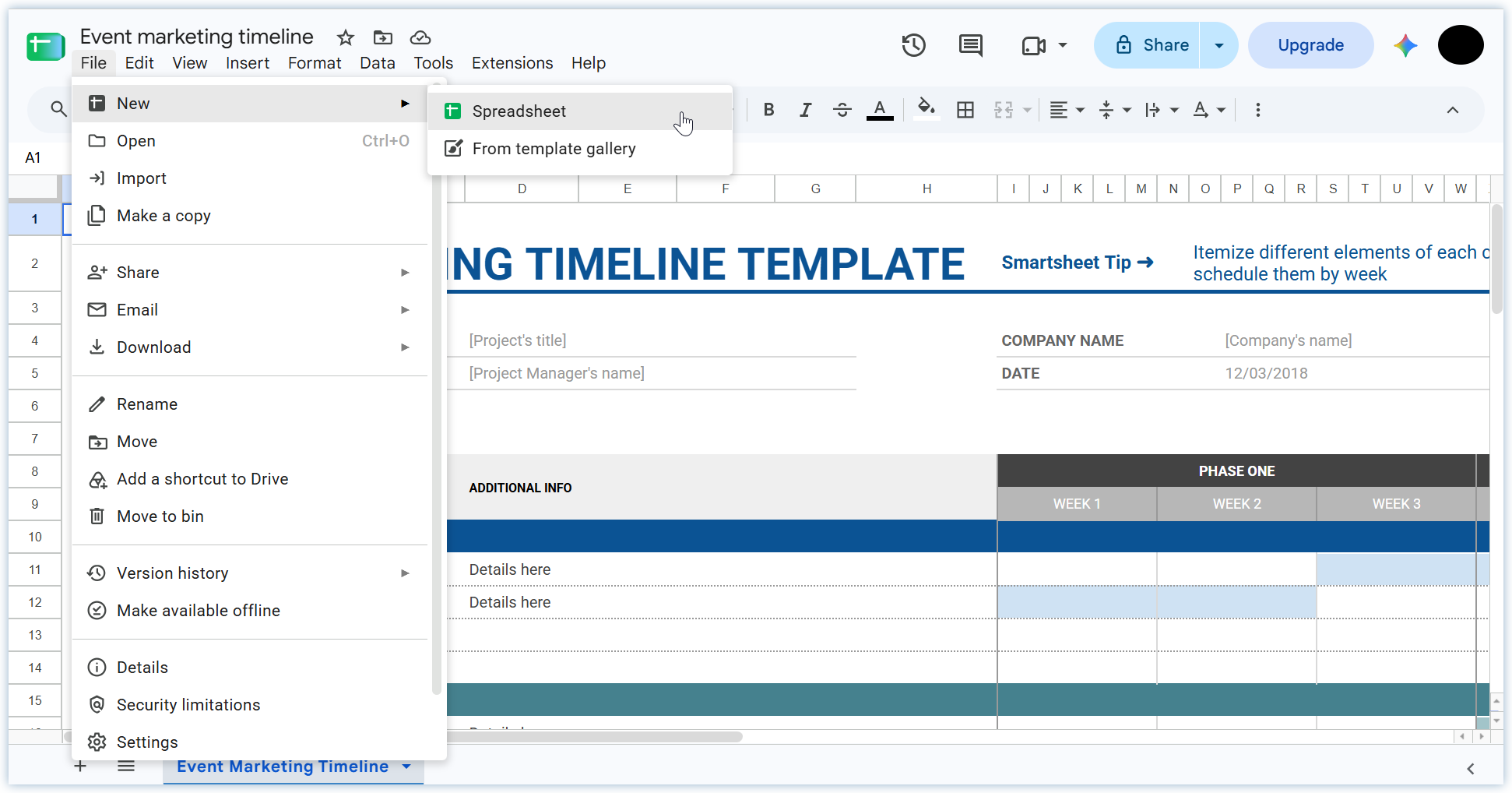 Create a new Google Sheets document from an existing spreadsheet